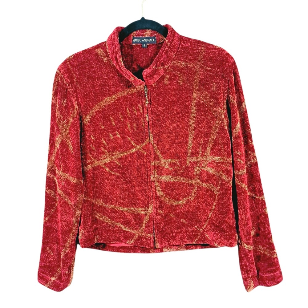 Maude Andrade Handwoven Chenille Jacket Full Zip Red Small Oversize Art USA VTG - Picture 2 of 10
